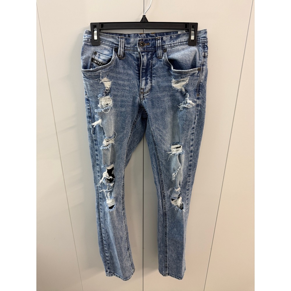 Empyre Mens Distressed Slim Fit Jeans Blue Light Wash Ripped Denim Size 28